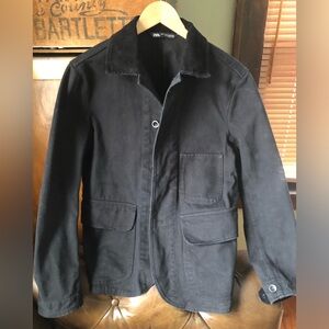 Zara Men's Black Denim Chore Coat w/Corduroy Collar